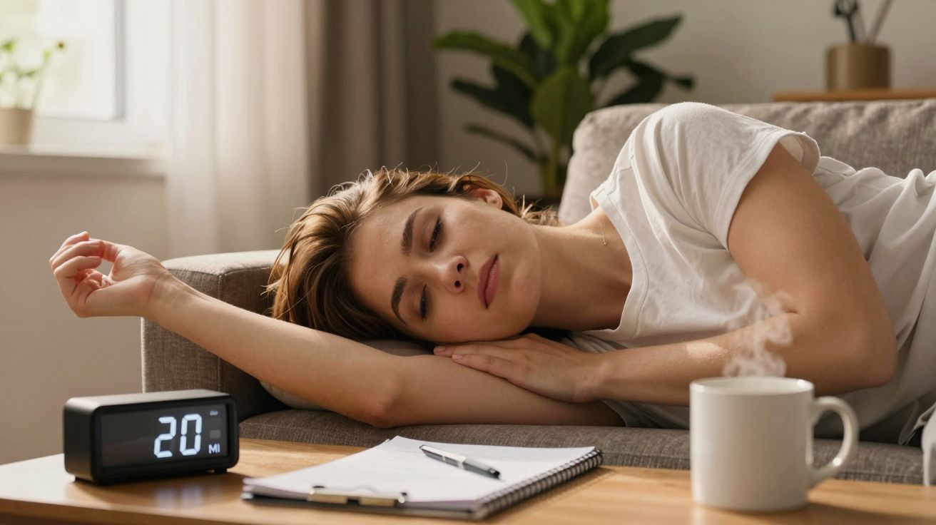 Mulher a descansar num sofá ao lado de um despertador, caderno e chávena de café numa mesa.