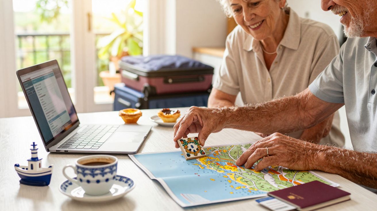Casal idoso planeia viagem com mapa e computador portátil, com malas e chávena de café na mesa.
