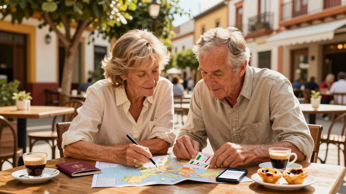 Casal idoso planeia viagem numa esplanada, com mapa e pastel de nata na mesa ao ar livre.