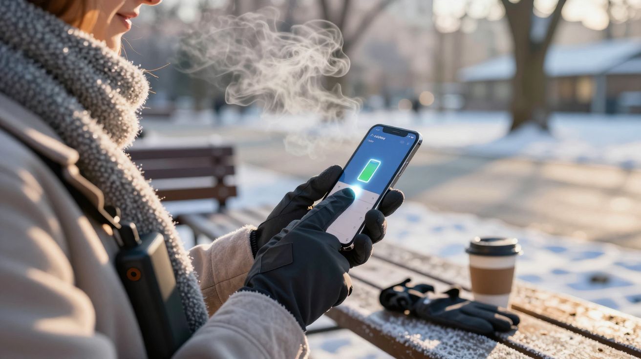 Pessoa com luvas usa smartphone ao ar livre num parque nevado. Copo de café e óculos na mesa do banco.