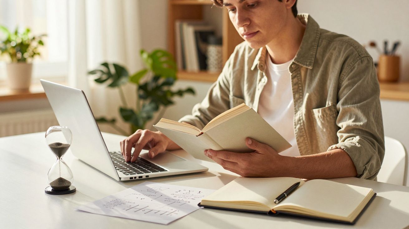 Jovem estuda numa mesa com portátil, livro e ampulheta. Ambiente iluminado e planta ao fundo.