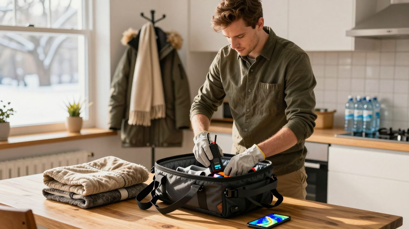 Homem arruma mochila com ferramentas numa cozinha, junto de roupa dobrada e telemóvel sobre a mesa.
