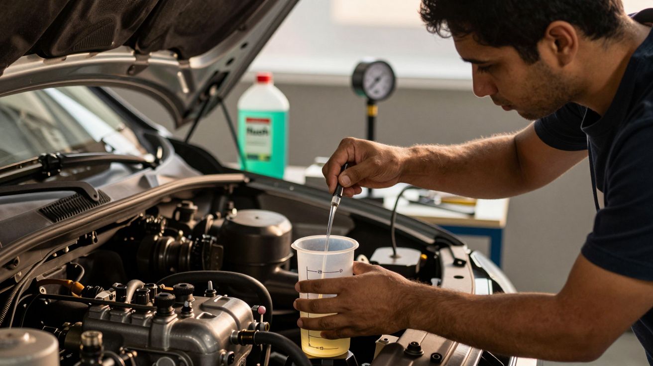 Mecânico verifica líquido de motor com seringas e recipiente, ao lado de carro com capô aberto.