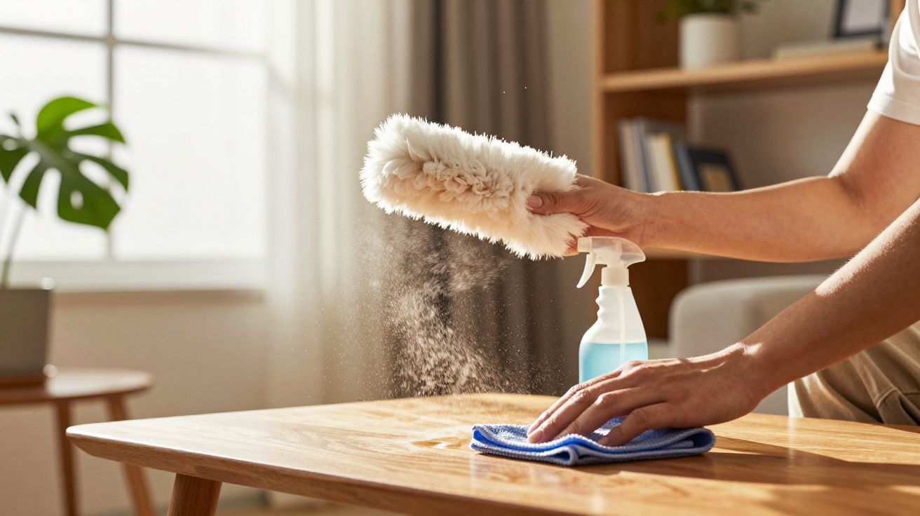 Pessoa a limpar mesa de madeira com pano e spray, usando espanador branco num ambiente iluminado.
