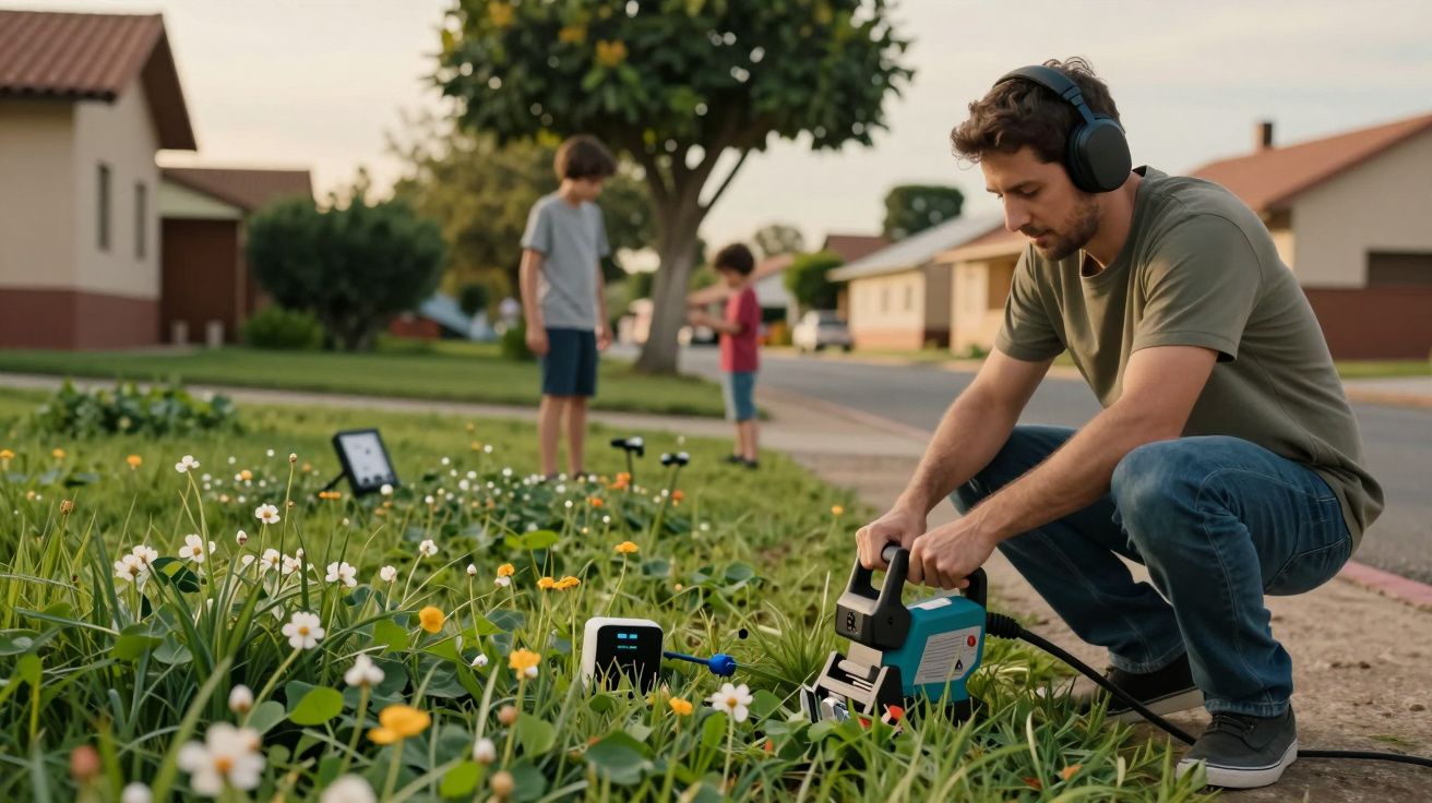 Homem com auscultadores usa ferramenta em jardim. Duas crianças brincam ao fundo perto de uma árvore e casas.