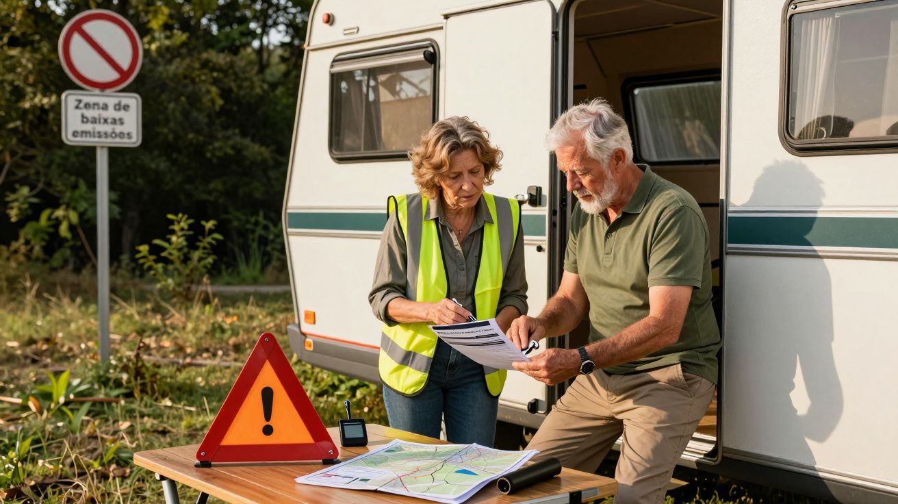 Duas pessoas analisam mapas ao lado de uma caravana numa zona de baixas emissões.