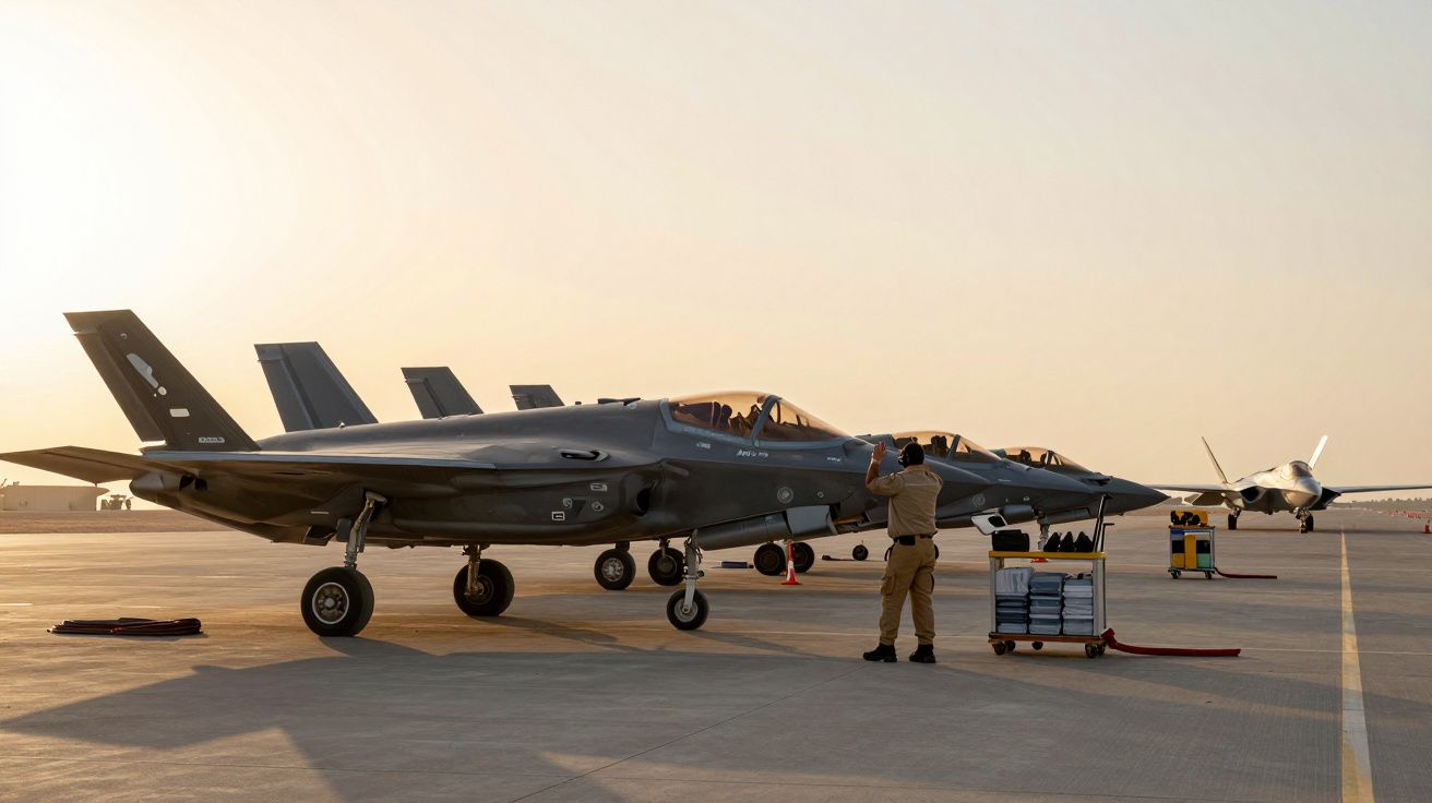 Aviões de combate alinhados numa pista ao amanhecer, com um técnico trabalhando em frente a um deles.