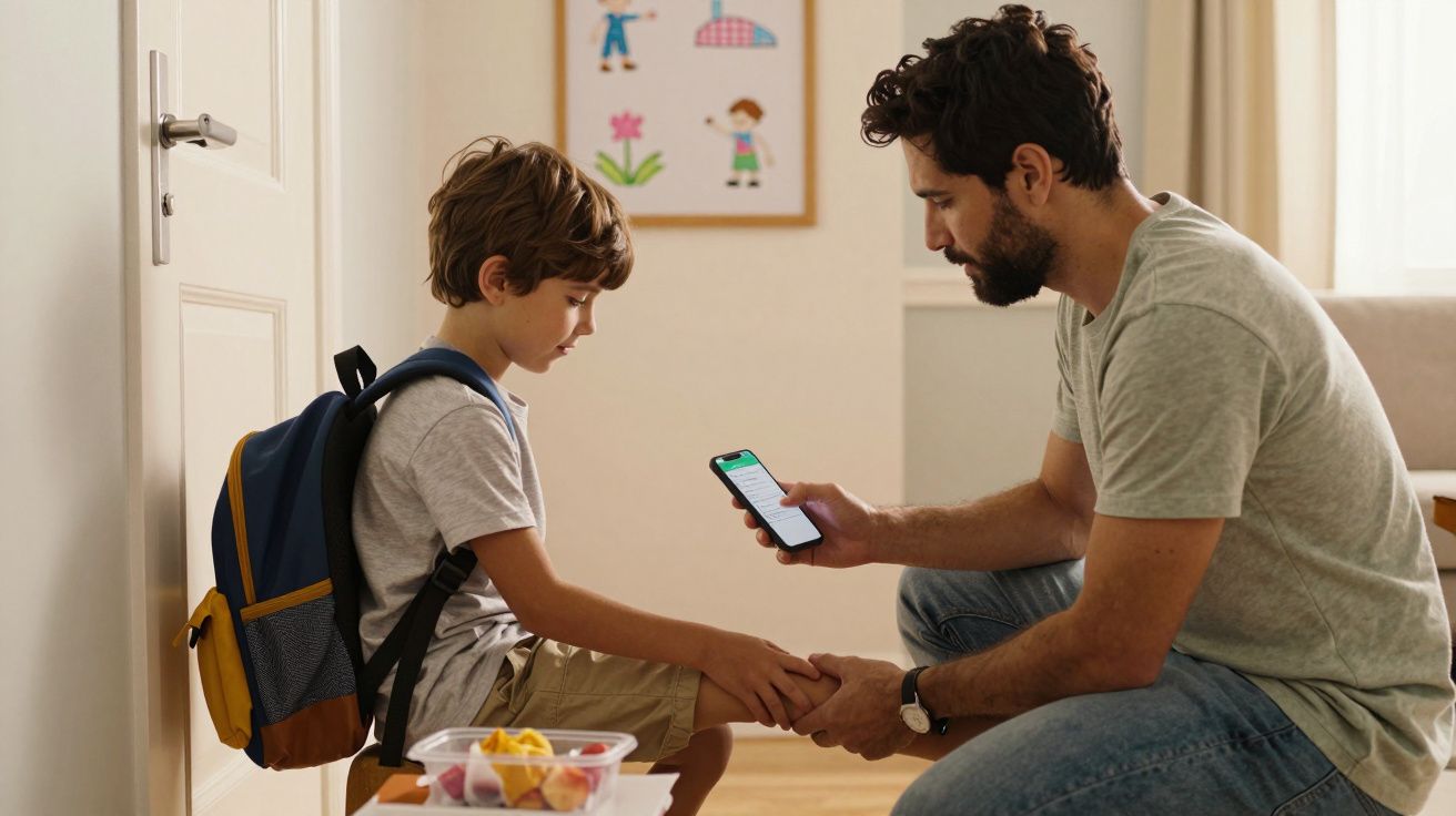 Homem ajoelhado ajuda criança com mochila, segurando telemóvel.
