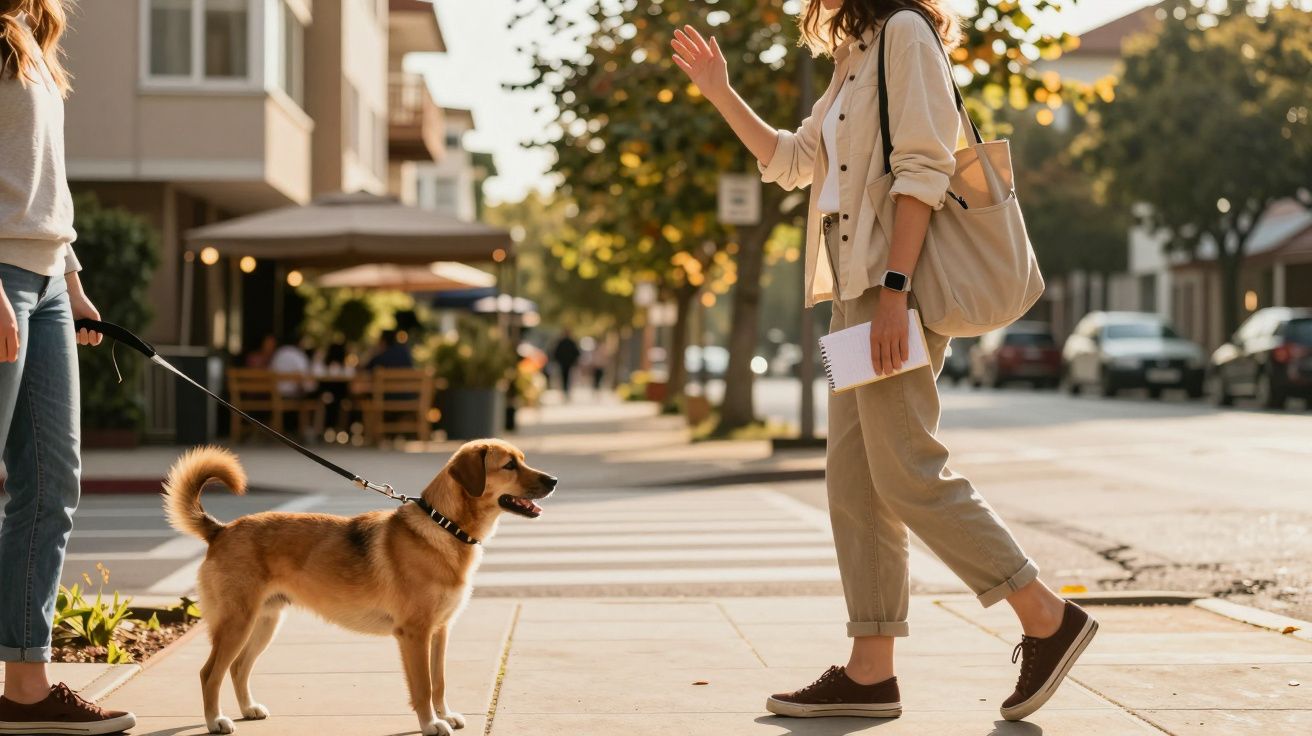 Mulher cumprimenta pessoa que passeia com cão numa rua arborizada, com café ao fundo.