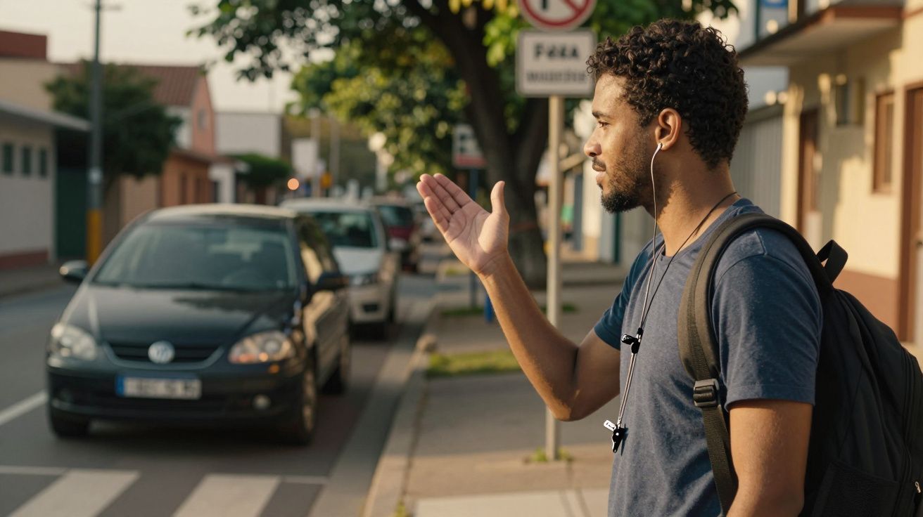 Homem com mochila e auscultadores faz sinal para carro numa rua urbana durante o dia.