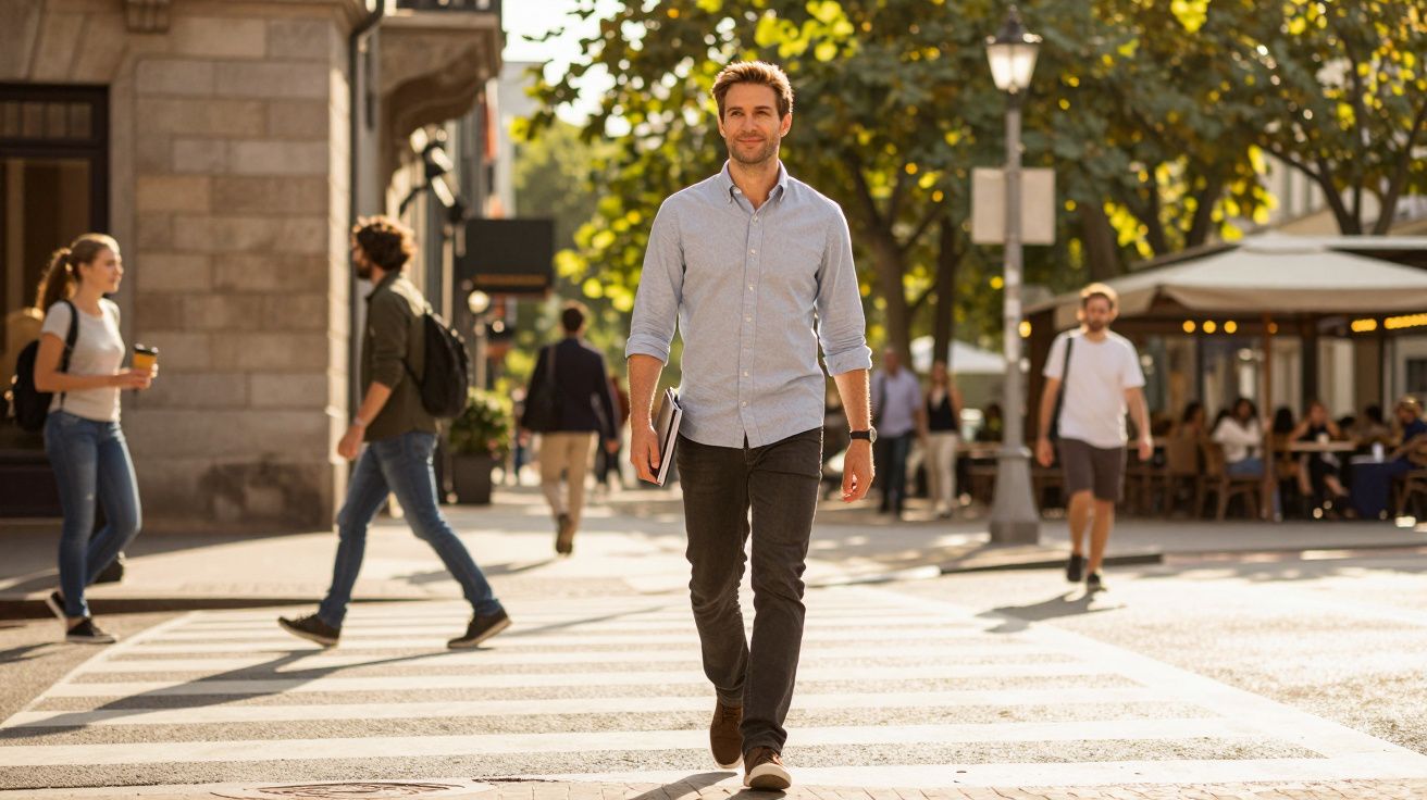Homem a caminhar numa passadeira em ambiente urbano, num dia ensolarado, com pessoas e cafés ao fundo.