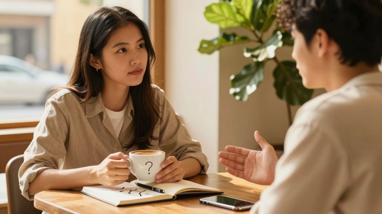 Duas pessoas conversam num café, uma segura uma chávena de café, com um bloco de notas e telemóvel na mesa entre elas.