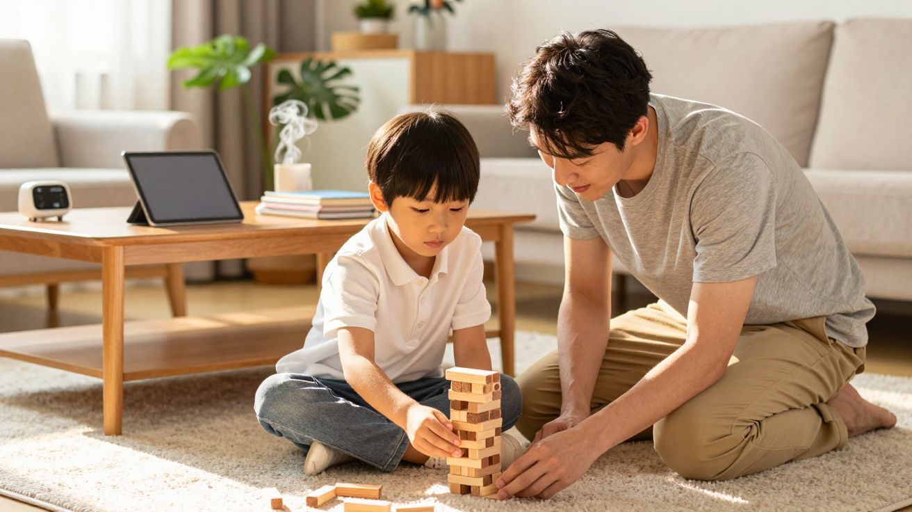 Pai e filho brincam com blocos de madeira no chão da sala, mesa de café ao fundo com objetos digitais.
