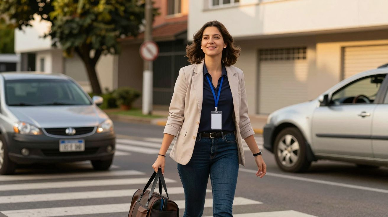 Mulher sorridente atravessa passadeira em cidade, segurando mala, vestida casualmente com blazer e jeans.