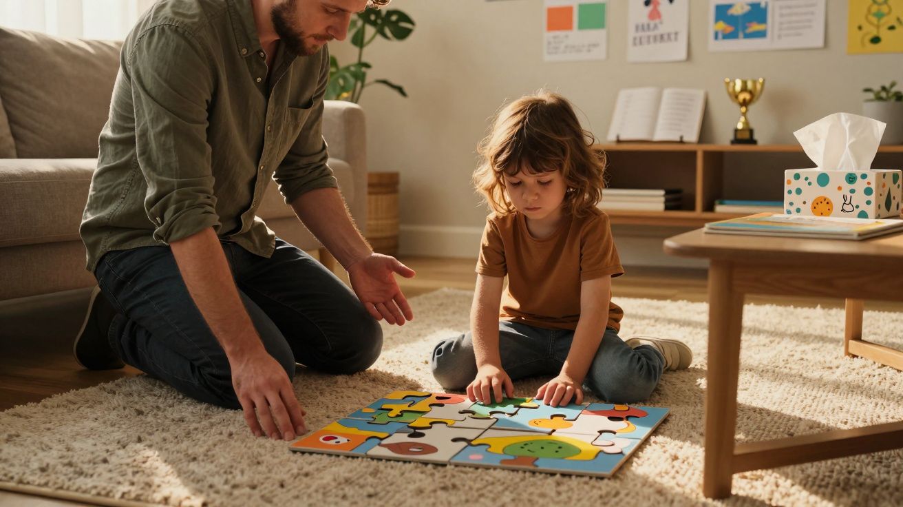 Pai e filho montam quebra-cabeça colorido no tapete da sala iluminada.