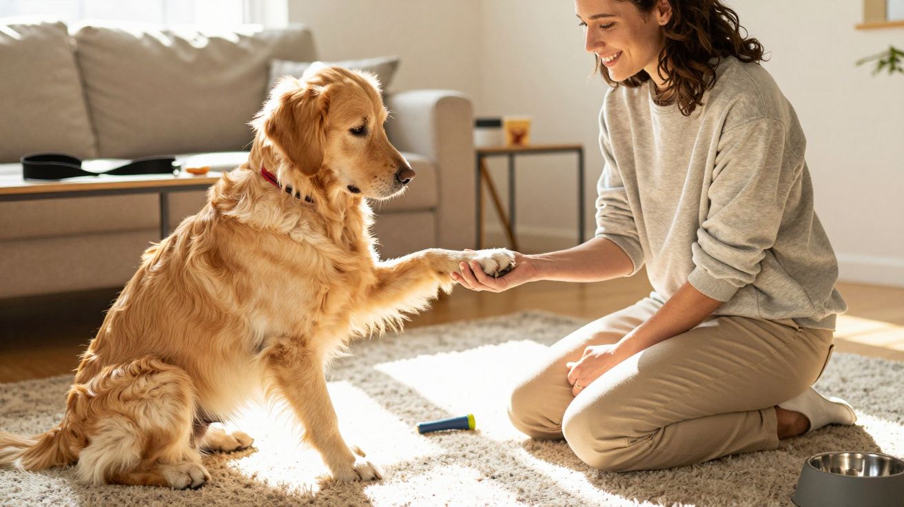 Mulher sorridente cumprimenta cão Golden Retriever com a pata em sala iluminada pela luz do sol.
