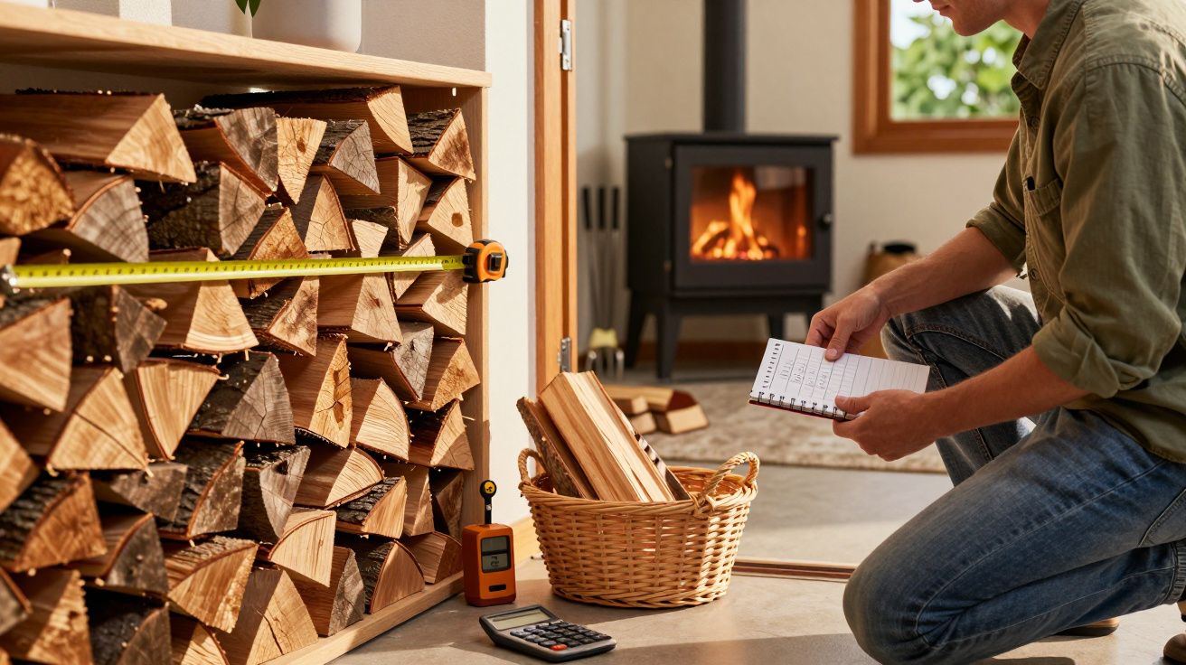 Homem ajoelhado mede lenha empilhada, com uma calculadora e bloco de notas ao lado. Ao fundo, lareira acesa.