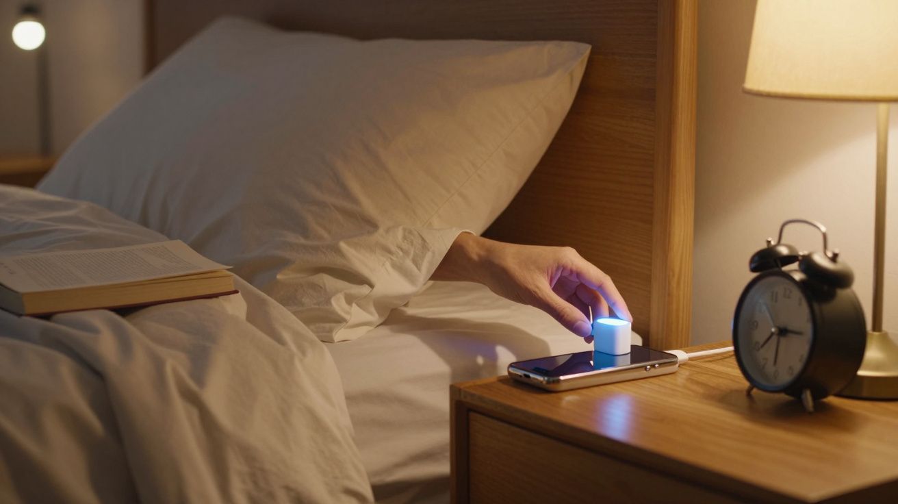 Mão a colocar cilindro luminoso azul sobre smartphone numa mesa de cabeceira com livro, candeeiro e despertador.