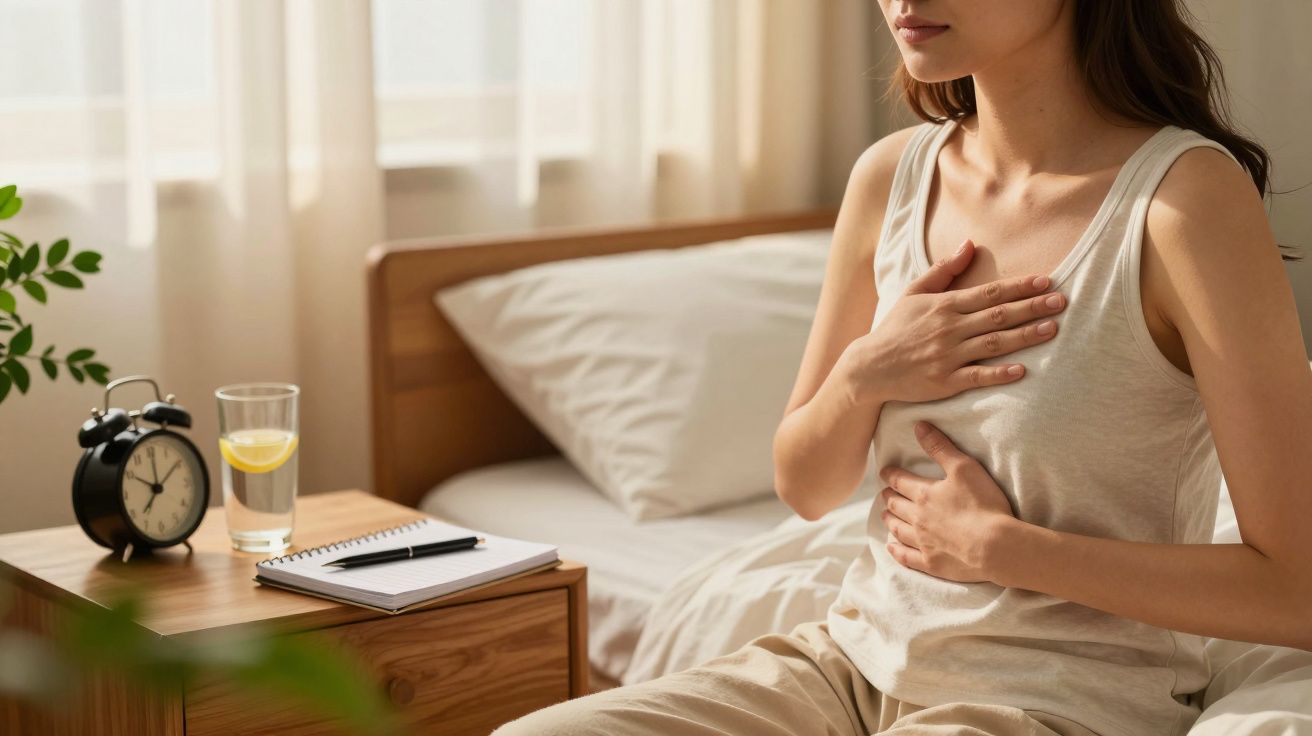 Mulher sentada na cama, segurando o peito e abdómen, com relógio, caderno e copo na mesa de cabeceira.