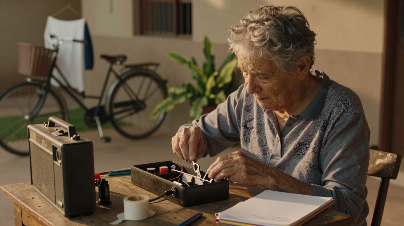 Idosa trabalha em projeto eletrônico ao ar livre, com equipamento e rádio antigo sobre a mesa, bicicleta ao fundo.