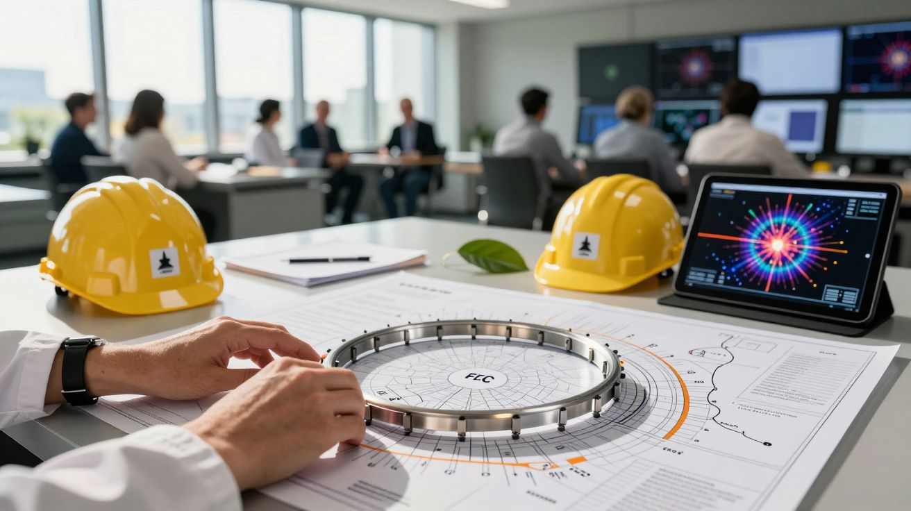 Trabalho em equipe num escritório de engenharia, com capacetes amarelos e desenhos técnicos sobre a mesa.