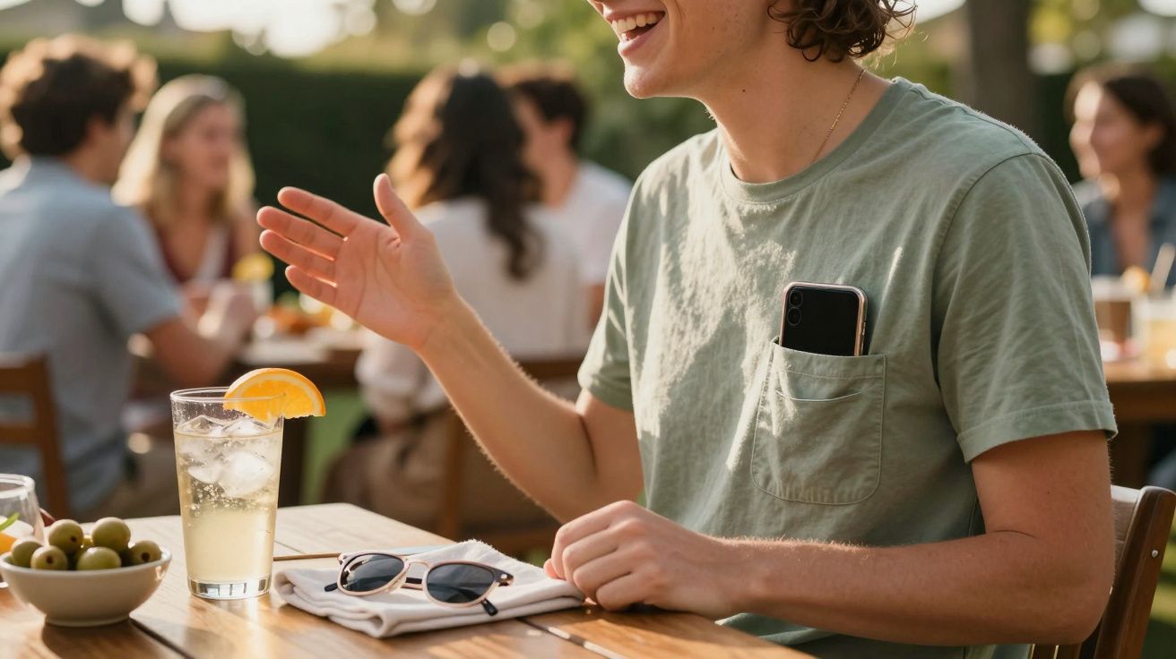 Pessoa sorridente em camisa verde sentada numa esplanada, com bebida refrescante, a conversar animadamente ao ar livre.
