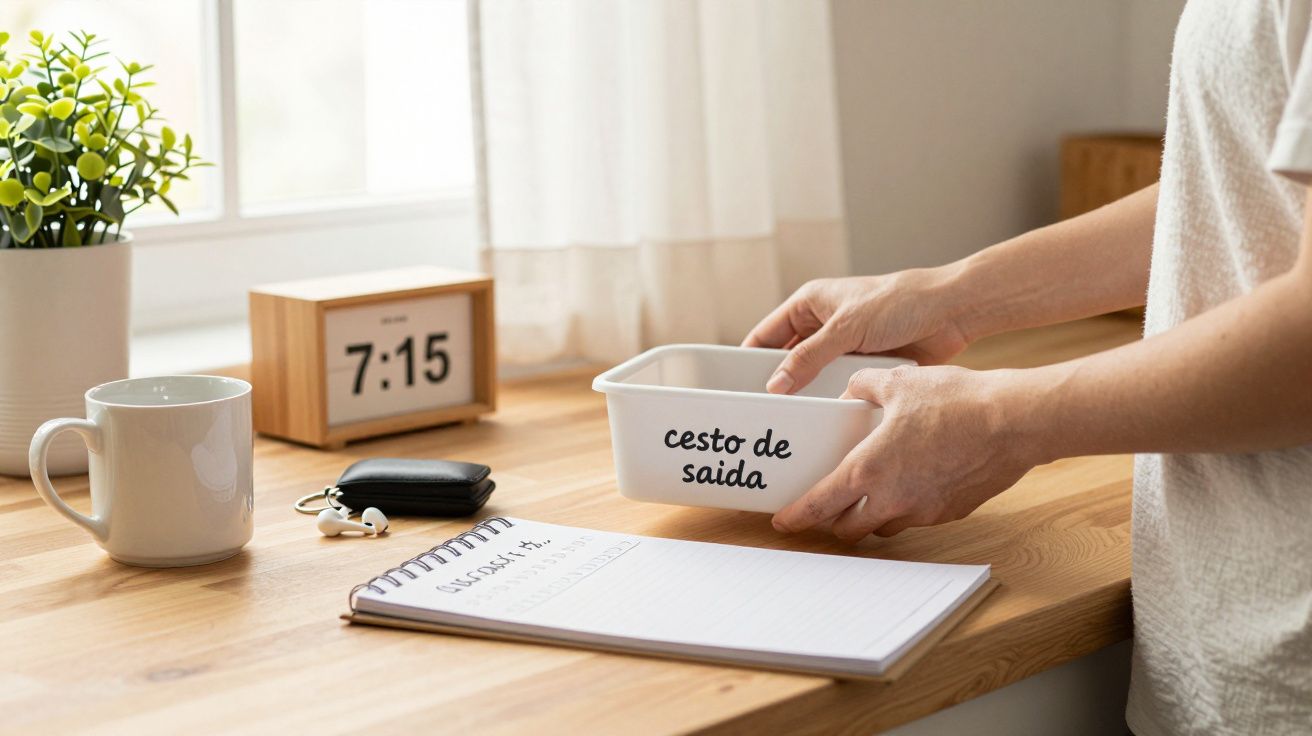 Pessoa organiza cesto de saída numa secretária com chávena, relógio às 7:15, caderno e chaves.