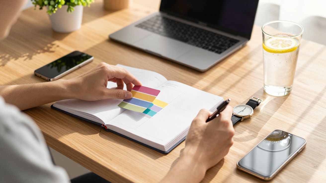 Pessoa a trabalhar numa mesa com portátil, bloco de notas e paleta de cores. Há um copo de água com limão ao lado.