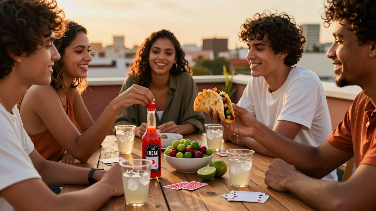 Cinco jovens sorridentes jogam cartas e comem num terraço ao pôr do sol.