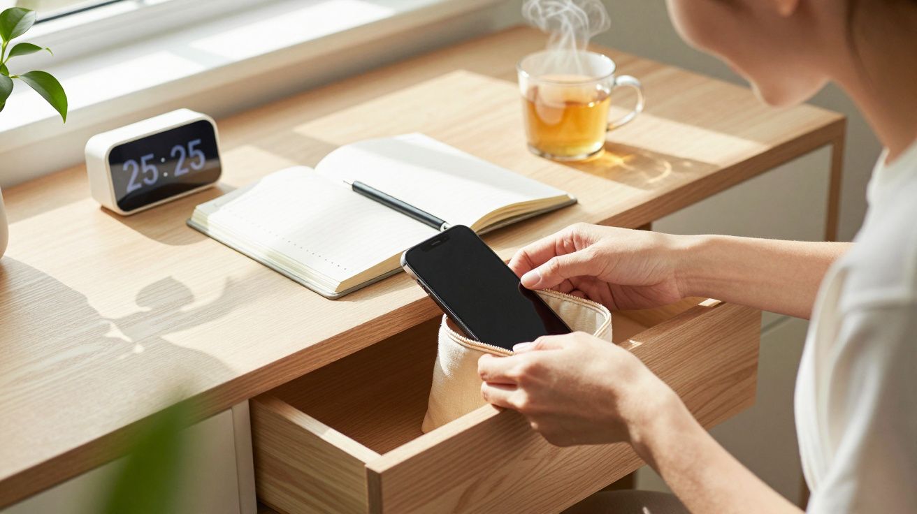 Mulher guarda telemóvel numa gaveta. Há chá, um caderno aberto e um relógio mostrando 25:25 sobre a secretária.