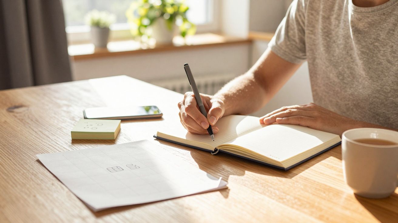 Pessoa a escrever num caderno, com chá e smartphone sobre a mesa, ao lado de uma janela iluminada pelo sol.