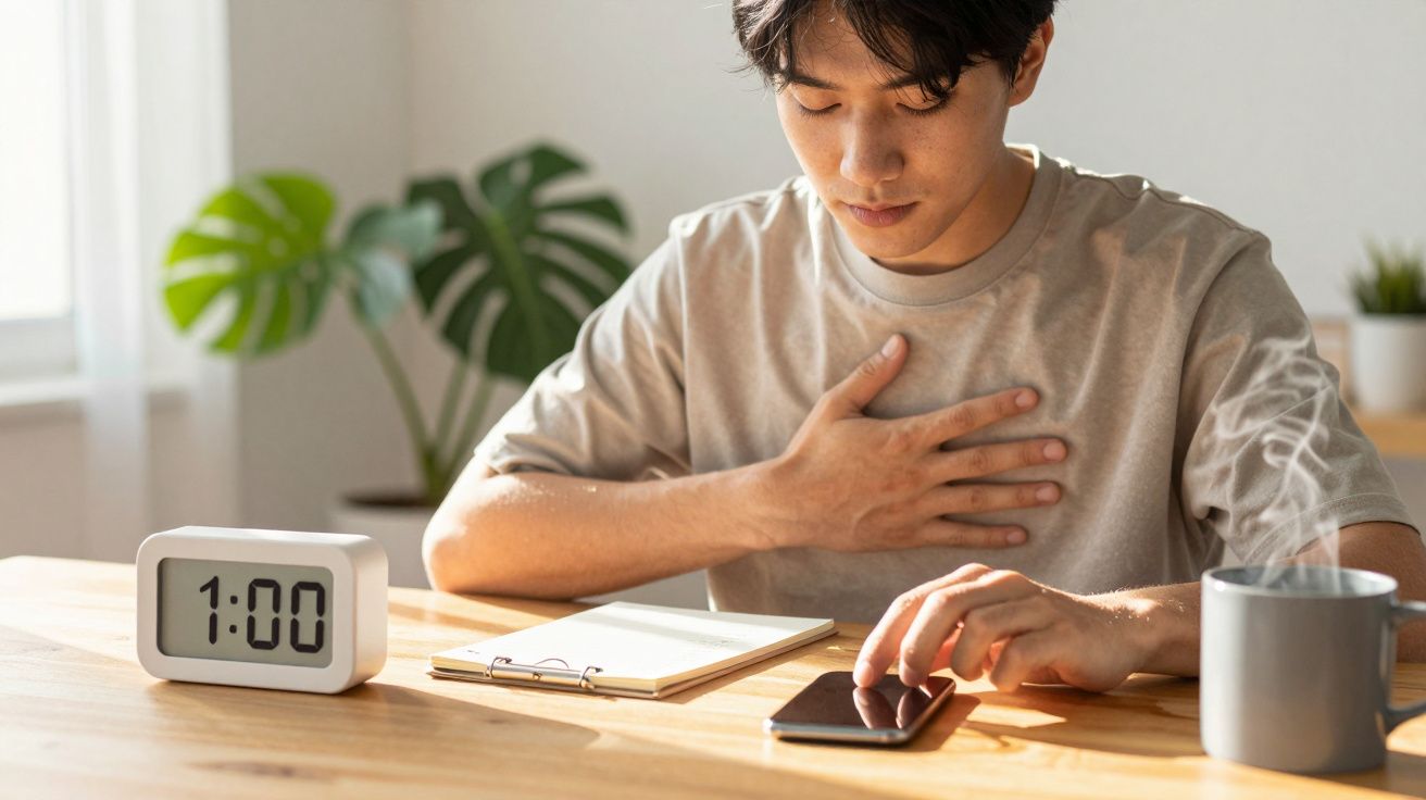 Homem sentado à mesa, mão no peito, olhando para o telemóvel ao lado de um relógio que marca 1:00 e uma chávena de café.