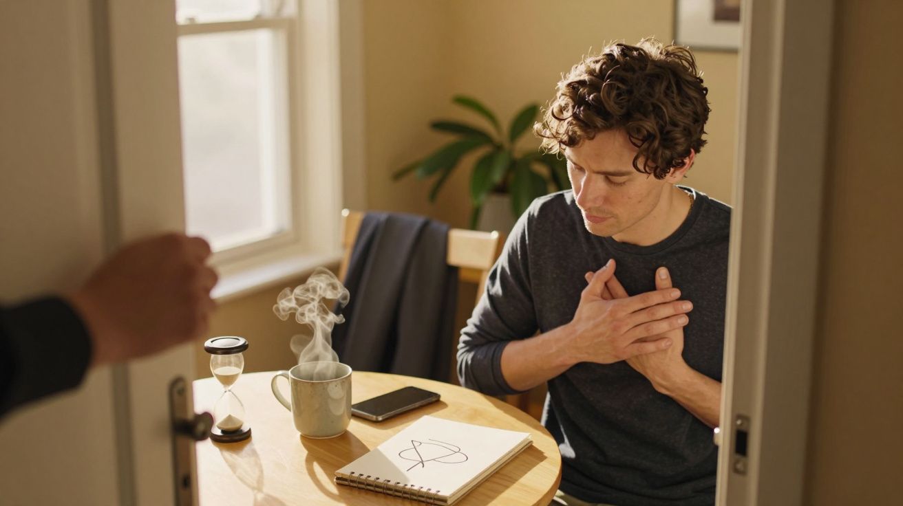 Homem sentado à mesa com chá e caderno, mãos no peito, olhando para baixo, janela ao fundo.