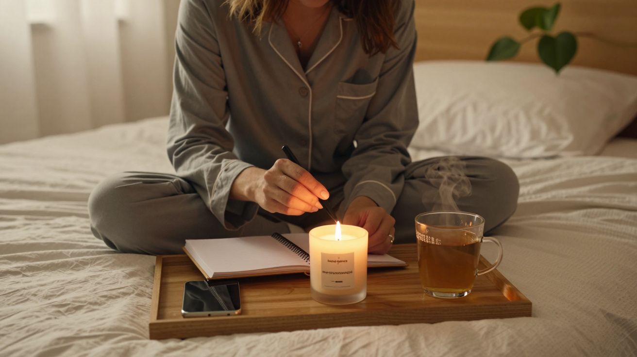 Mulher de pijama escreve em caderno na cama com chá, vela acesa e telemóvel num tabuleiro de madeira.