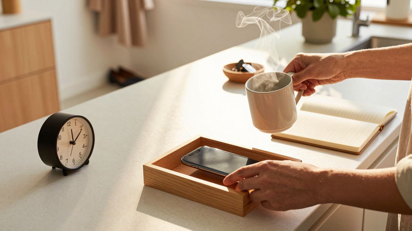 Pessoa segura chávena fumegante junto a telemóvel numa base de madeira, com relógio e bloco de notas na bancada da cozinha.