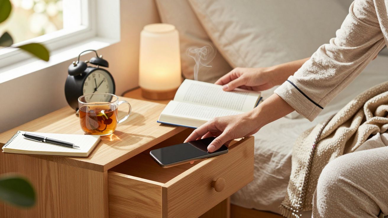 Pessoa a ler na cama, com chá, despertador e telemóvel numa mesa de cabeceira de madeira.