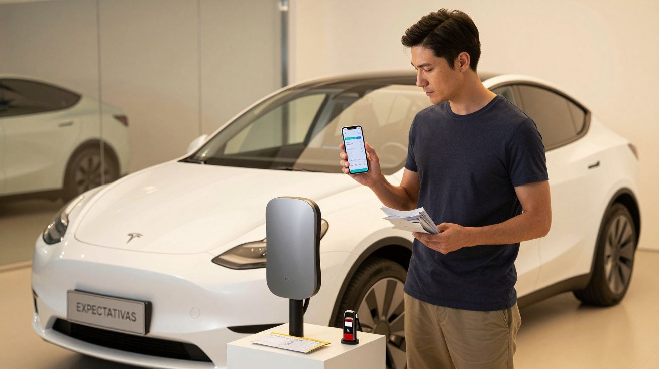 Homem analisa carregador de carro elétrico, segurando smartphone e documentos, junto a um carro branco em exposição.