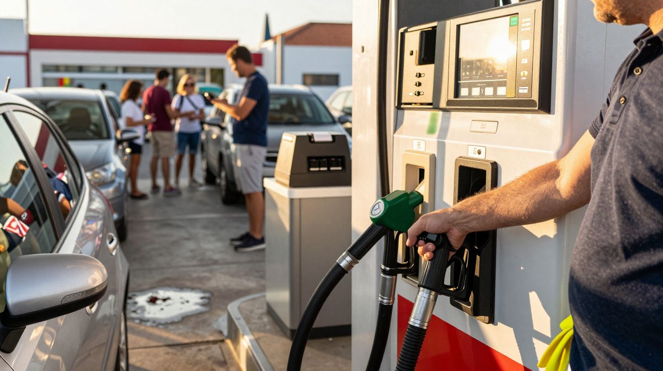 Homem a abastecer carro numa estação de serviço, com pessoas a conversar ao fundo.