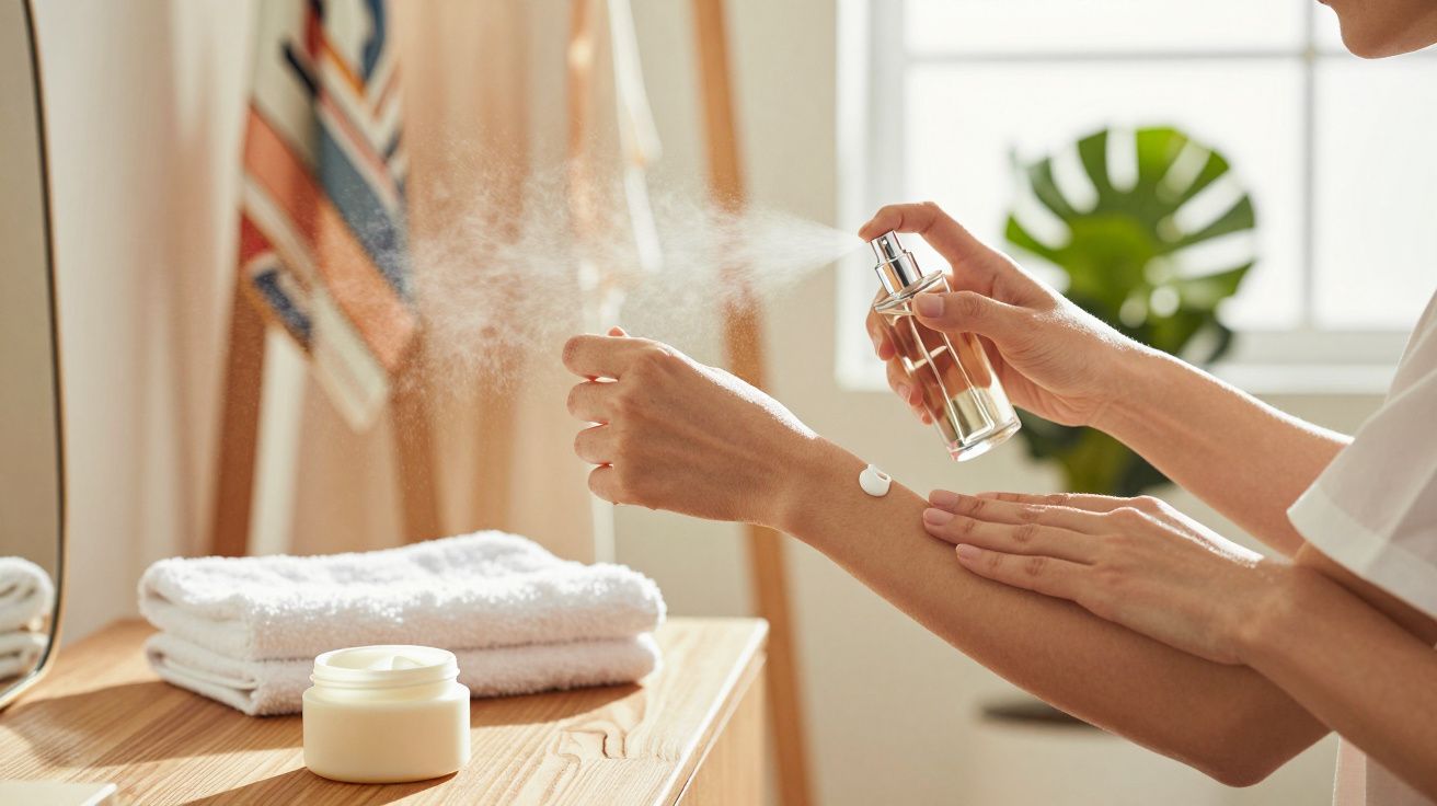 Pessoa pulveriza perfume no braço, numa sala iluminada; há toalhas e um pote de creme sobre a mesa.
