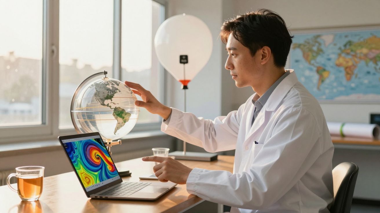 Cientista analisa mapa meteorológico no portátil, ao lado de um globo terrestre, num escritório iluminado pelo sol.
