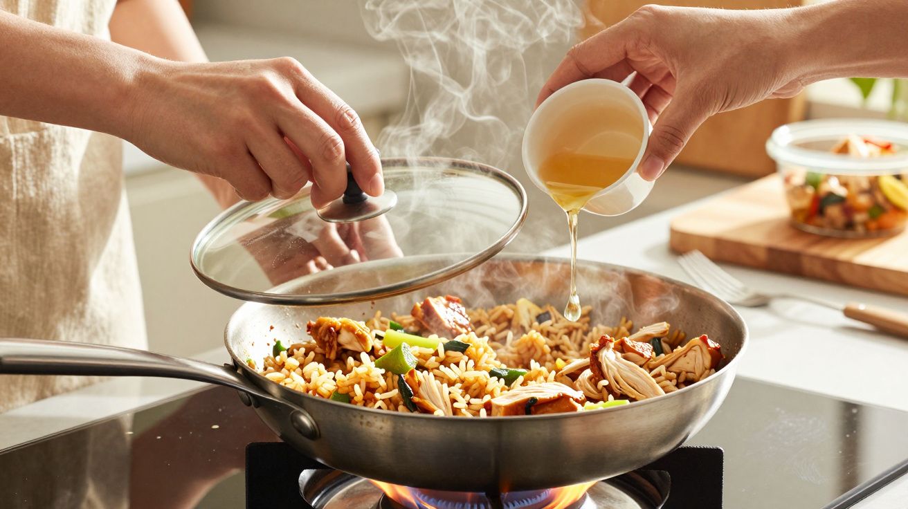 Pessoa cozinha arroz com vegetais e frango numa frigideira enquanto adiciona óleo.