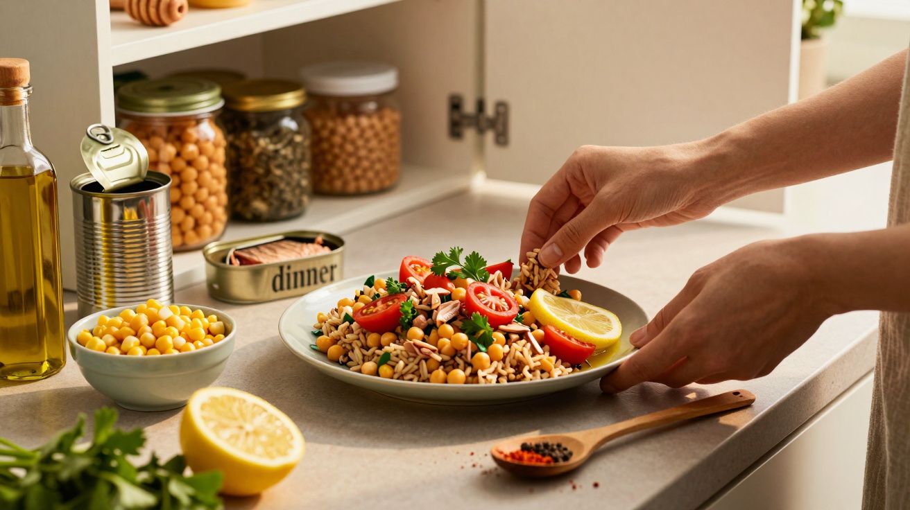 Pessoa prepara prato de grão-de-bico, tomate e limão em bancada com azeite, especiarias e ingredientes frescos ao redor.