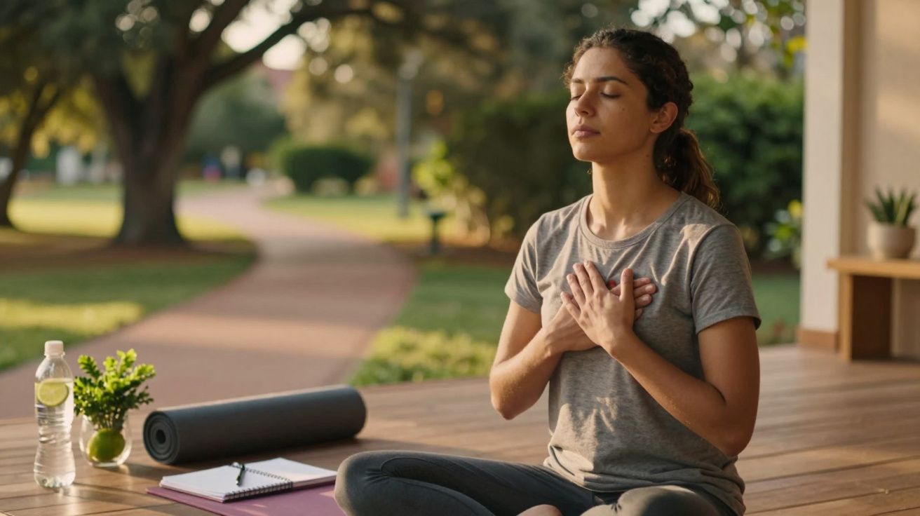 Mulher a meditar num pátio ao ar livre com uma garrafa de água e tapete de exercício ao lado.