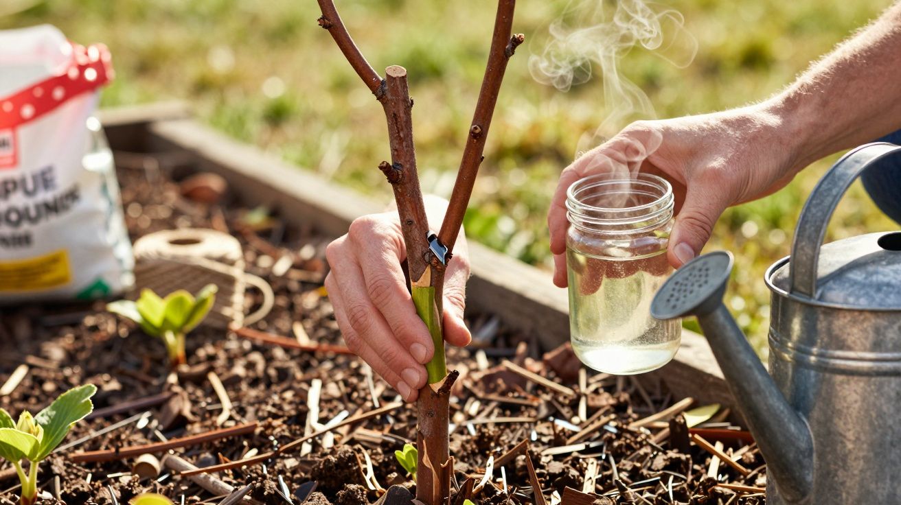 Mãos cuidam de uma planta jovem num jardim, segurando um frasco de vidro com vapor e um regador por perto.