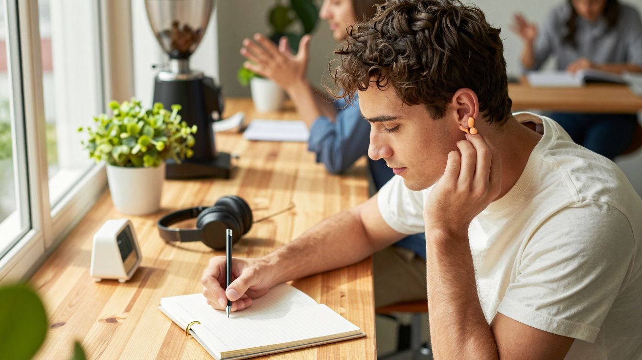 Jovem a escrever num caderno junto a uma janela, com auscultadores pousados na mesa e plantas ao redor.