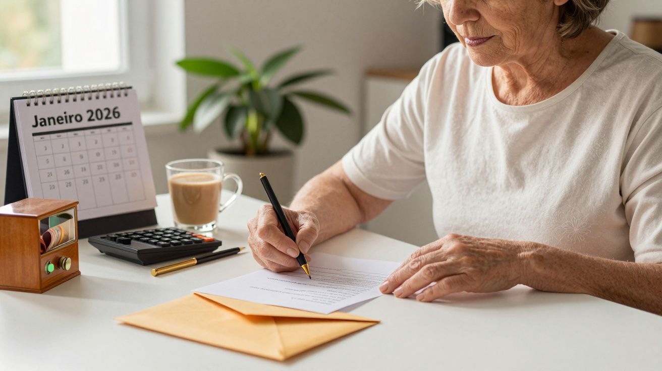 Mulher idosa escrevendo à mesa com calendário de janeiro de 2026, chávena de chá e calculadora.