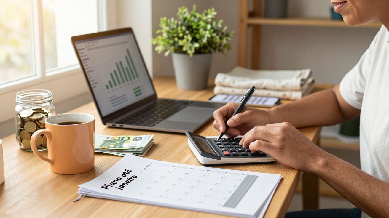 Pessoa a calcular orçamento com portátil, calculadora e plano financeiro numa mesa de madeira iluminada pela janela.