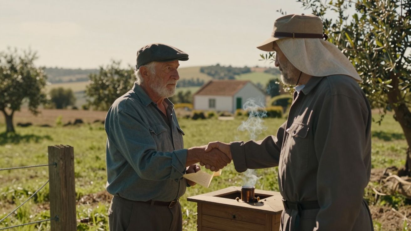 Dois homens apertam as mãos num campo verde, com uma casa ao fundo e uma pequena fonte de fumo.