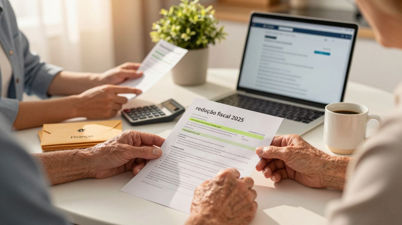 Duas pessoas analisam documentos financeiros e um portátil, focadas num relatório sobre "redução fiscal 2025".
