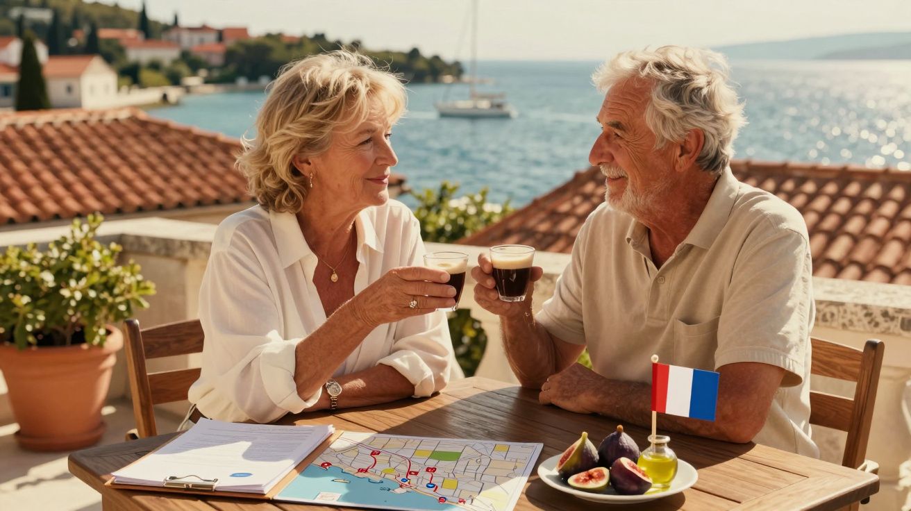 Casal idoso brindando com café em terraço com vista para o mar, mapa sobre a mesa e bandeira francesa decorativa.